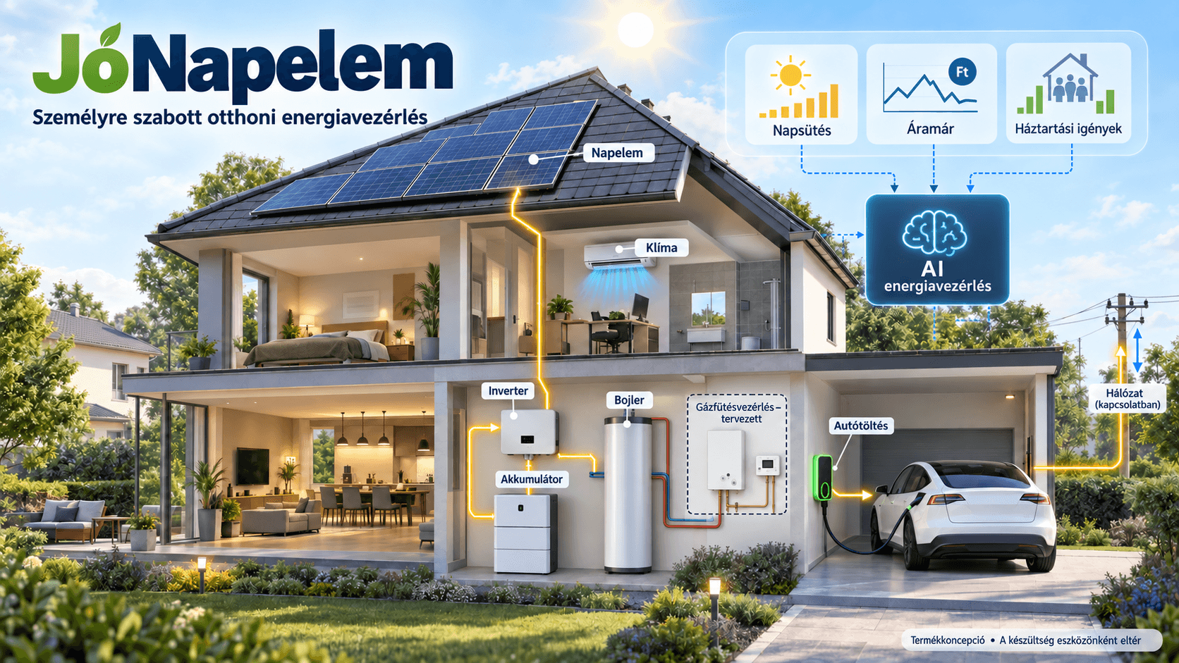 A JóNapelem otthoni energiavezérlési koncepciója, a tervezett gázfűtésvezérlés jelölésével.