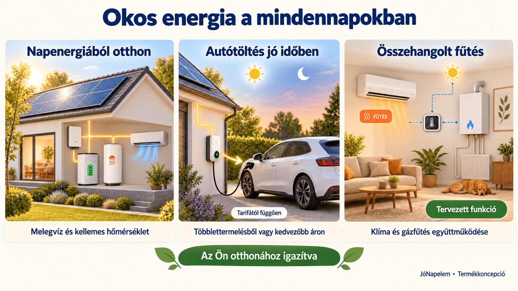 Három működési példa: napenergiás melegvíz és klíma, tarifa szerinti autótöltés, valamint a tervezett klíma–gázfűtés együttműködés.